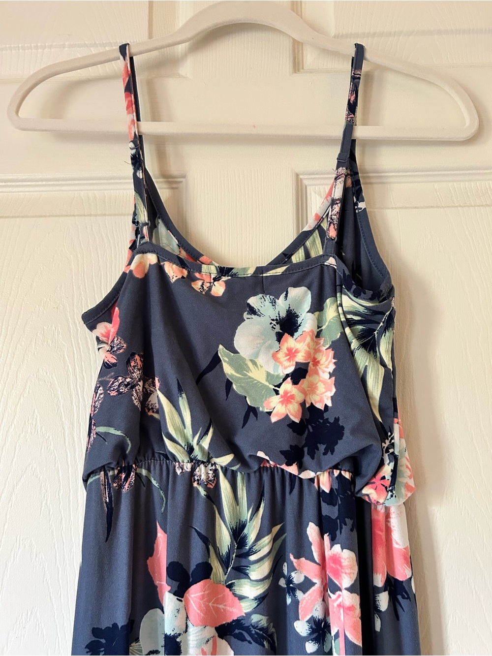Derek Heart Navy Floral Maxi Dress Spaghetti Strap Elastic Waist - Size Small - Picture 8 of 15
